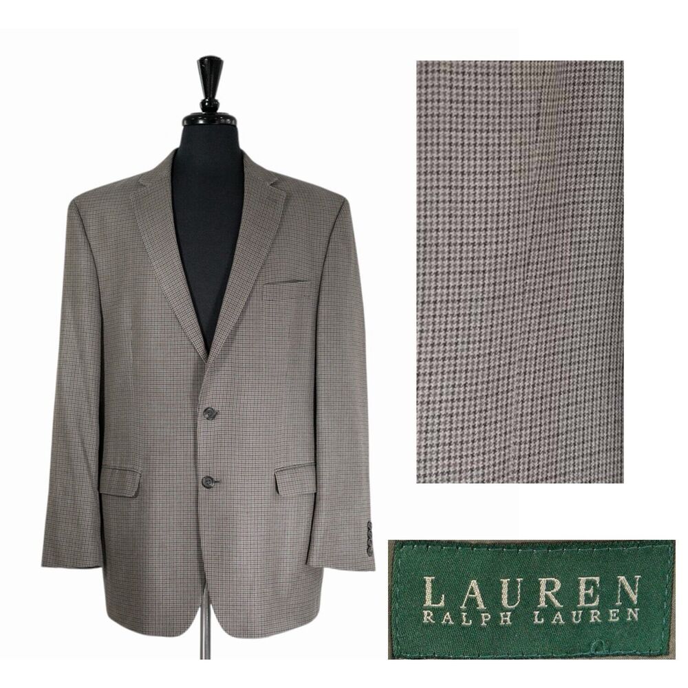 Ralph Lauren Mens Blazer Brown Beige Check Silk Wool Lined Jacket Sport Coat 44L